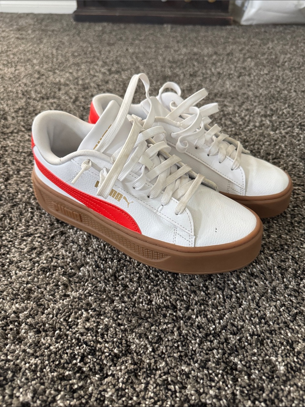 Puma White Sneakers with Red Accent and Gum Platform